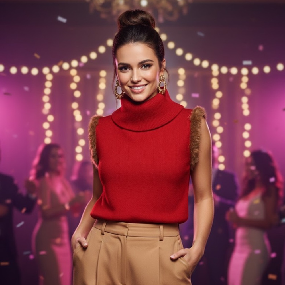 Red Sleeveless Sweater with Faux Fur Trim